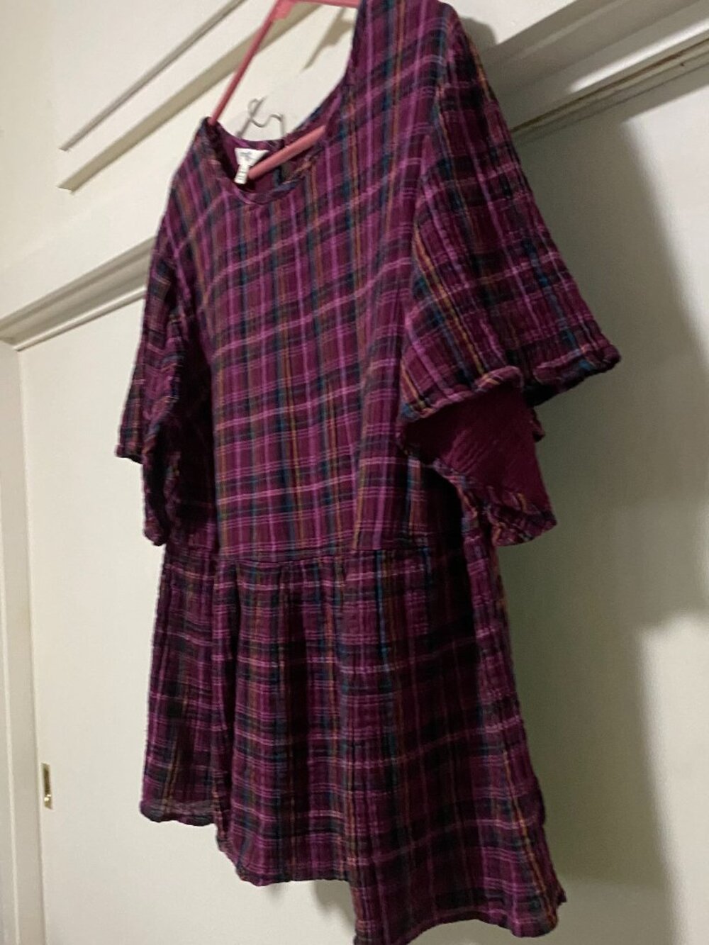 FEMININE & COLORFUL, Terra & Sky, short sleeve, burgundy plaid blouse, size 1X - Picture 4 of 9